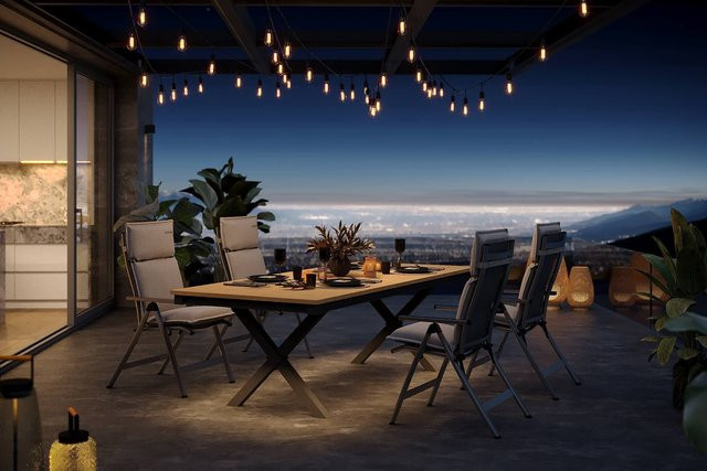 OUTFLEXX Luminara Garten-Essgruppe in Anthrazit Matt und Natur mit 4 Klappstühlen, LED-Beleuchtung und Auflagen, B/T/H: 240 x 100 x 75 cm - Bild 1