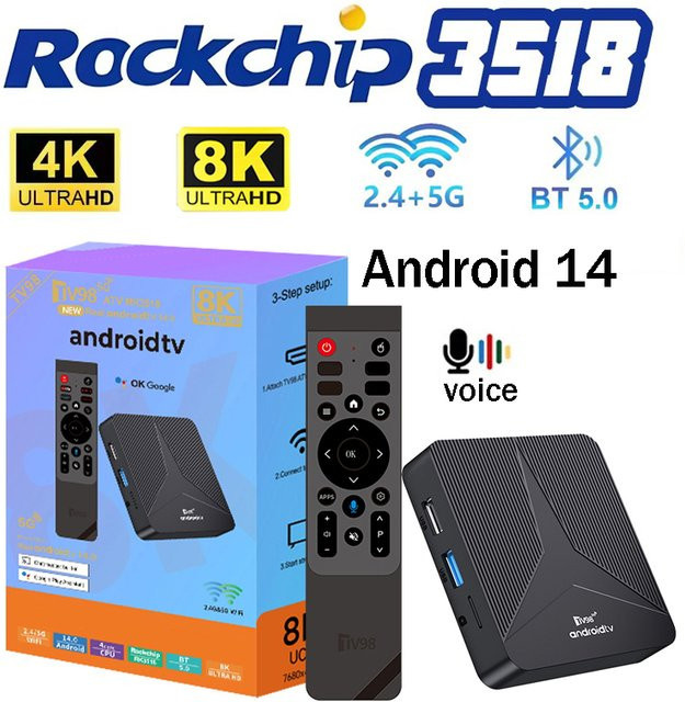 CLIBABIQBOX Smart TV Box TV98 ATV RK3518 mit Android 14, 4K Ultra HD, Dual WLAN 5G, 4G, Bluetooth 5.0 und Sprachfernbedienung in Schwarz - Bild 1