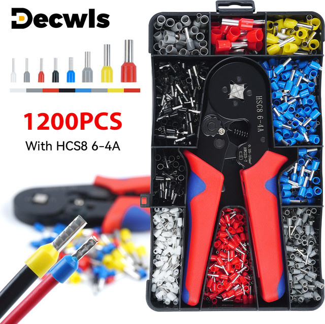 HSC8 6-4A Selbsteinstellende Hand-Crimpzange mit 1200 isolierten Steckverbinder-Crimpklemmen für Aderendhülsen 0,25–10 mm² (23–7 AWG) und Elektrikerwerkzeug-Set - Bild 1