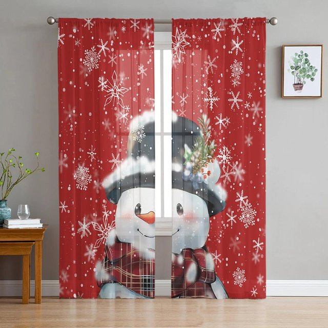 Transparente Weihnachts-Vorhänge mit Schneemann und Schneeflocken in Rot und Braun, Tüll-Voile-Fenstervorhänge für Wohnzimmer und Küche, Breite: 135 cm, Höhe: 115 cm - Bild 1