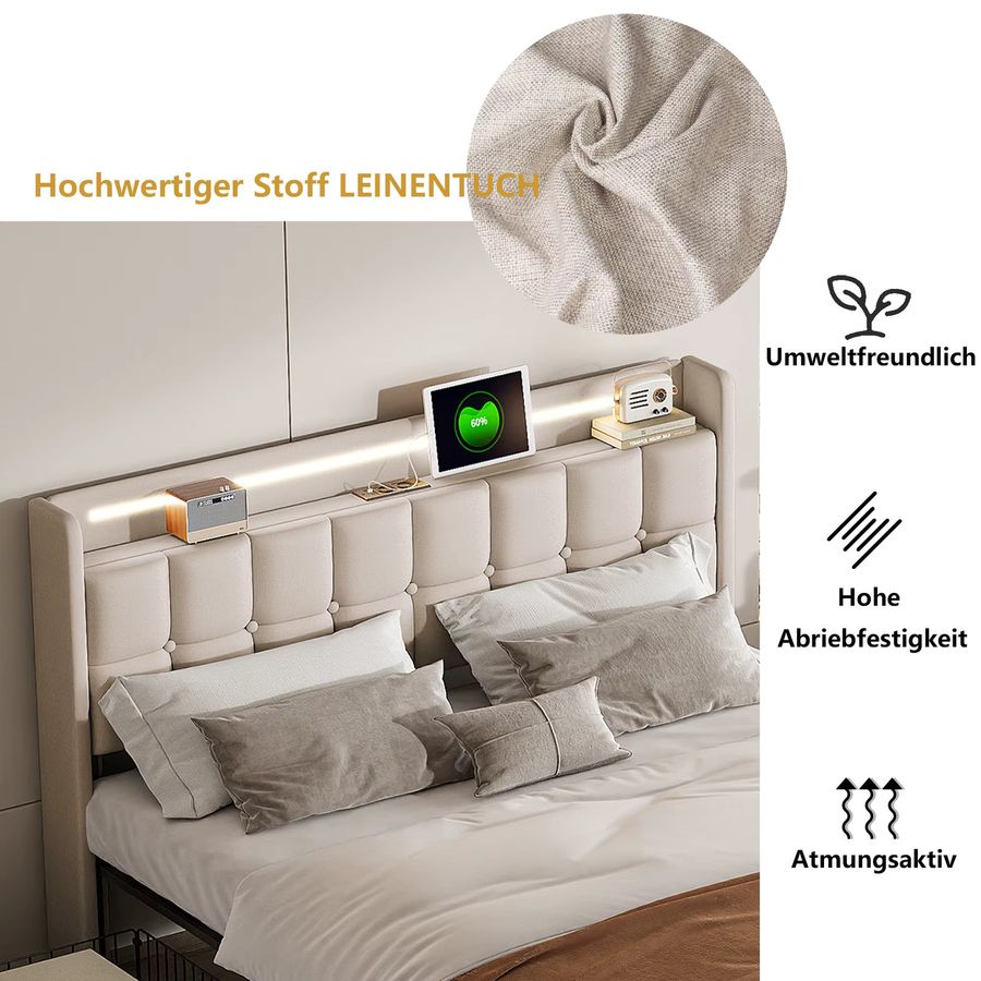 Anajqaqia Polsterbett Doppelbett mit Stauraum und 4 Schubladen, LED-Beleuchtung und USB-Ladeanschluss, Leinen, Beige, B/T/H: 160 x 200 cm - Bild 2
