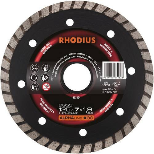 Rhodius ALPHAline DG55 Diamanttrennscheibe für Naturstein, Schwarz, Durchmesser: 125 mm, Dicke: 7,0 mm, Höhe: 1,9 mm, Bohrung: 22,23 mm - Bild 1