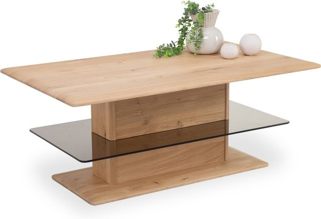 Couchtisch Witlake ANCONA aus Wildeiche massiv in Braun mit Glasplatte und höhenverstellbarer Funktion, B/T/H: 70 x 55 x 50 cm bis 70 x 70 x 50 cm - Bild 1