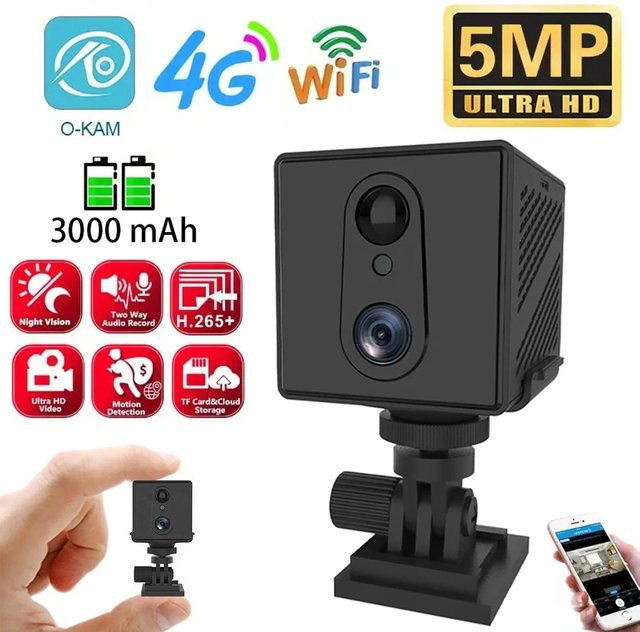 OKAM Mini 4G-Überwachungskamera in Schwarz mit Ultra HD, WiFi, SIM-Karten-Unterstützung und 3000 mAh Akku inklusive Sprach-Gegensprechanlage - Bild 1