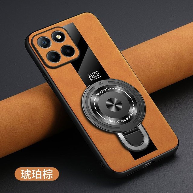 Stoßfeste Lederhülle für Honor 400 Smart 5G und Honor X7D mit magnetischem Ring-Ständer und kabellosem Laden in Braun - Bild 1