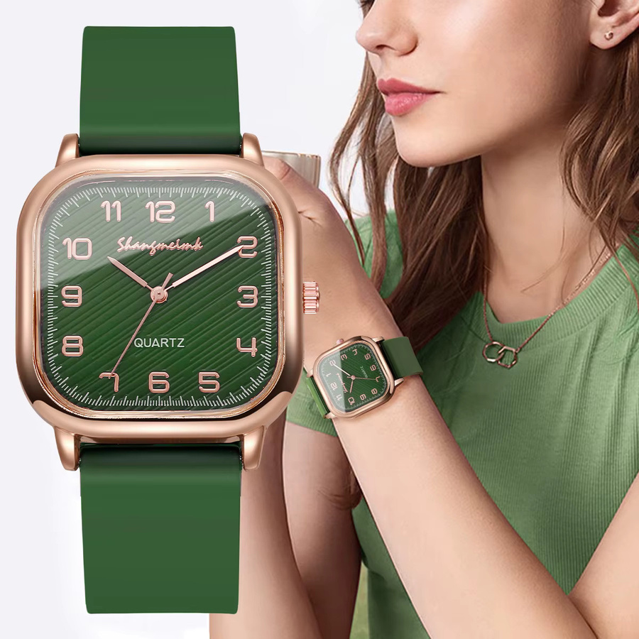 Armbanduhr Damen, Quarz, eckiges Zifferblatt, Roségold, Silikonarmband, Grün - Bild 2