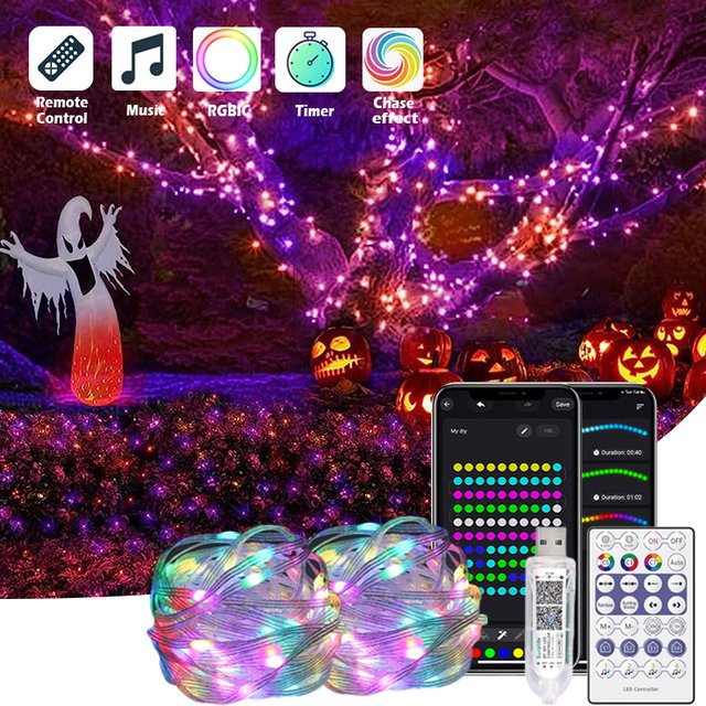 Acosh Neon Halloween LED-Lichterkette mit 100 LEDs, Dreamcolor RGBIC mit Fernbedienung, mehrfarbig, USB 5V, Länge: 10 m - Bild 1