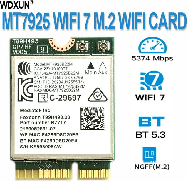 M2 MT7925 WiFi 7 LAN-Karte mit Bluetooth 5.3, Tri-Band 2.4/5/6GHz, 5400Mbps, M.2 NGFF Wireless-Adapter für Windows 11 und Linux, Farbe: Grün - Bild 1