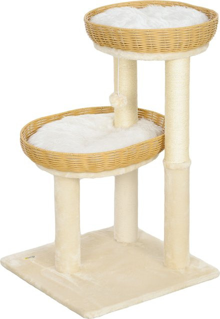 Aosom Katzenbaum Beige mit zwei Rattan-Liegekörben, Kratzbrettern und Spielball, Höhe: 75,5 cm - Bild 1