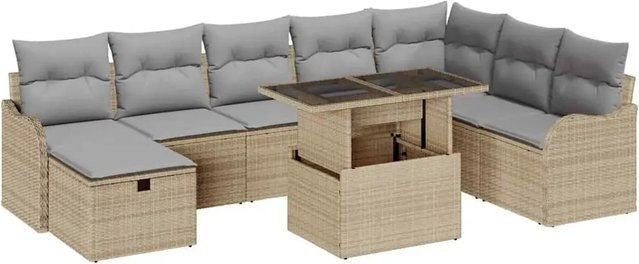 vidaXL Garten-Sofa-Set aus Poly-Rattan in Beige, 9-teiliges L-Shape Lounge-Set mit Kissen und integriertem Stauraum für Terrasse und Garten - Bild 1