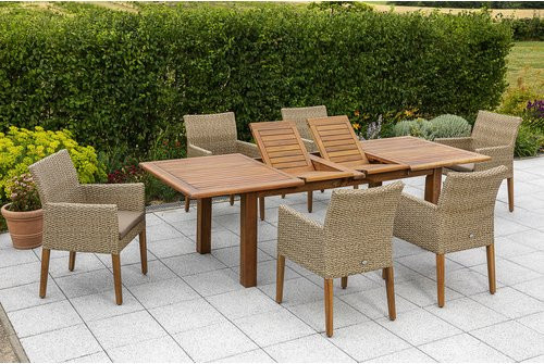 Merxx Gartenmöbelset Ranzano 7-teilig mit Doppelausziehtisch aus Akazienholz und Kunststoffgeflecht in Grau, Grün oder Braun - Bild 1