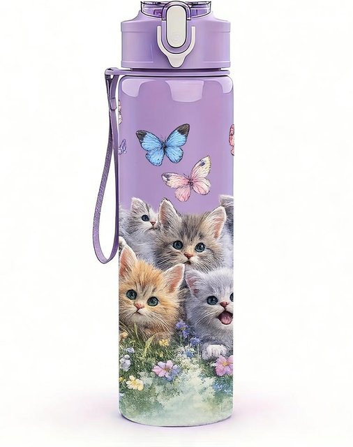 DZX CM Wasserflasche aus Kunststoff mit floraler Kätzchen-Collage und Strohhalm, violett, 750 ml - Bild 1
