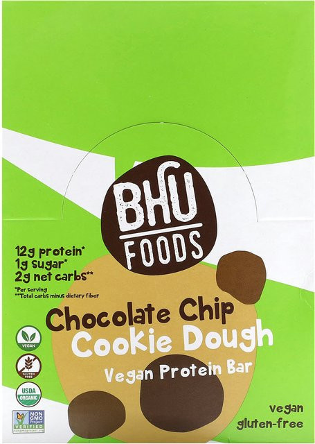 BHU Foods Vegane Proteinriegel Schokoladenstückchen-Keksteig 12 x 45 g - Bild 1