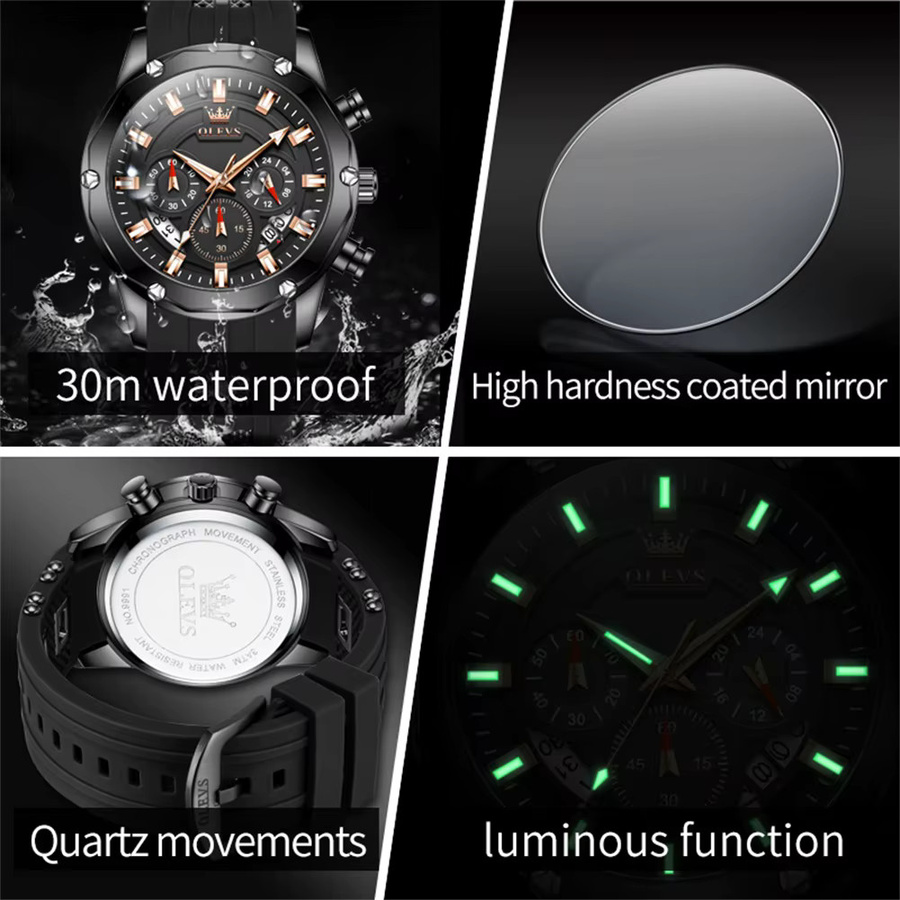 OLEVS Armbanduhr Chronograph, Quarz, Silikonarmband, Herren, Schwarz - Bild 6