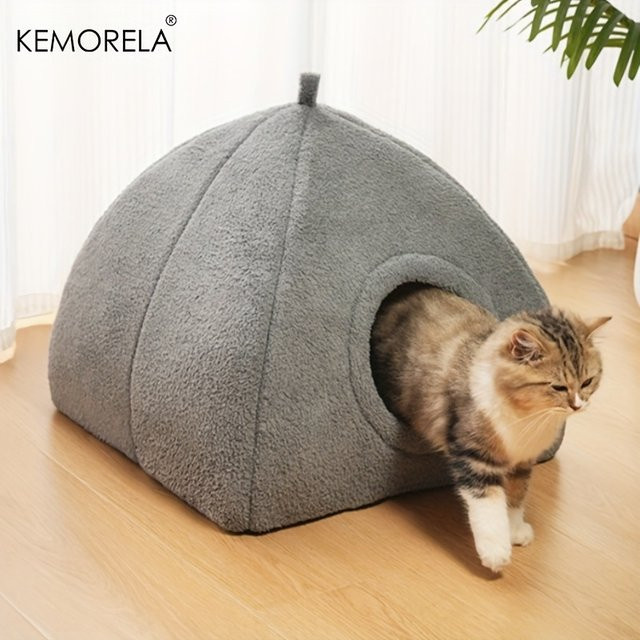 KEMORELA 2-in-1 Katzenhaus und Zeltbett für den Innenbereich, verdicktes Winter-Katzenbett mit abnehmbarem und waschbarem Kissen, Grau - Bild 1
