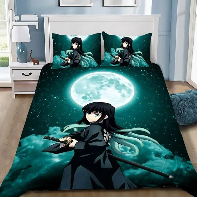 Anime Bettwäsche-Set Demon Slayer Muichiro Tokito mit 1 Bettbezug und 2 Kissenbezügen, Digitaldruck, Mikrofaser, Mehrfarbig, B/H: 210 x 210 cm - Bild 1