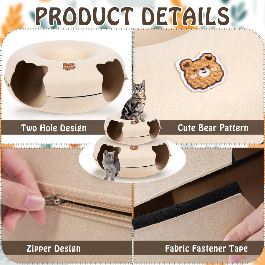 Katzentunnelbett Peekaboo Katzenhöhle aus Wollfilz mit zwei Öffnungen und kratzbarer Donut-Funktion für mittelgroße und große Katzen, Farben: Beige und Grau, Durchmesser: 50 cm - Bild 2