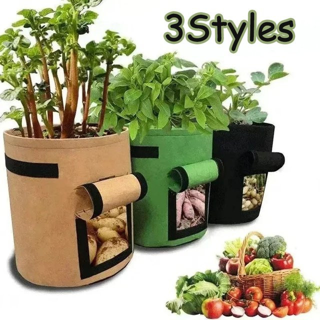 3er-Set Pflanztaschen aus Filz für den Gemüseanbau und Kartoffeltöpfe in Beige, Grün und Schwarz - Bild 1