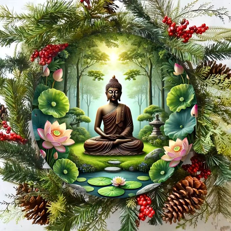 Potdemiel Vintage Buddha Meditation Metallwandkunst mit Lotusblumen in Grün, B/H: 20,32 x 20,32 cm - Bild 5