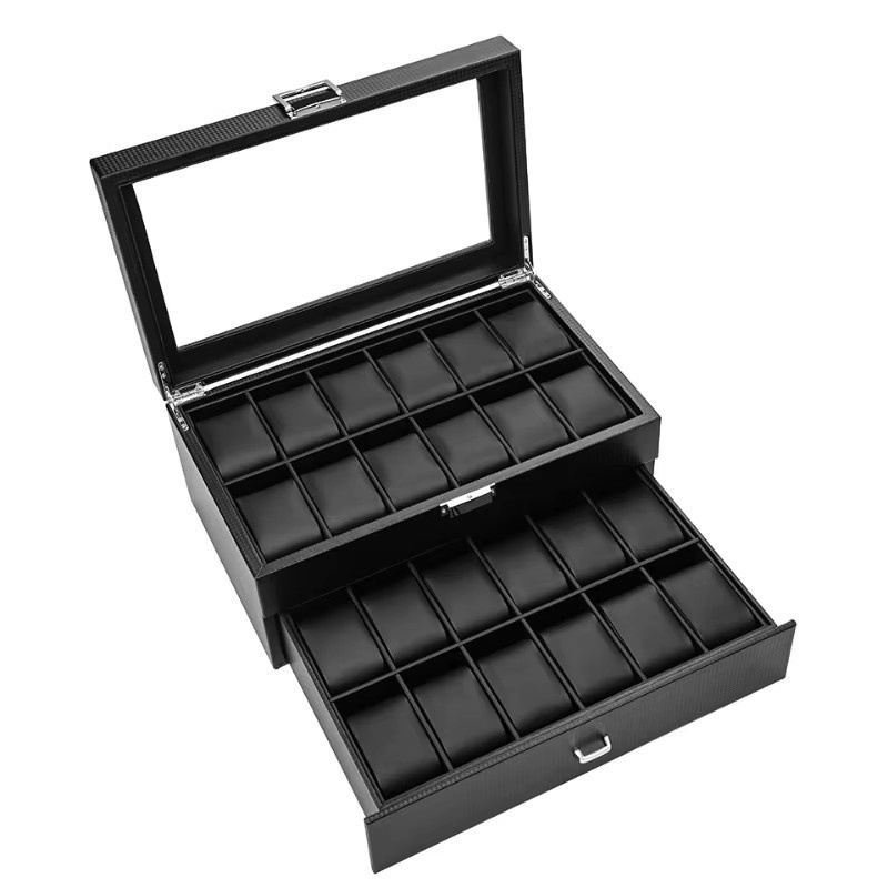 DOKW Uhrenbox-Organizer aus schwarzem PU-Leder mit Kohlefaser-Optik, doppellagig mit 24 Fächern und quadratischem Glasdeckel zur Schmuckaufbewahrung - Bild 3