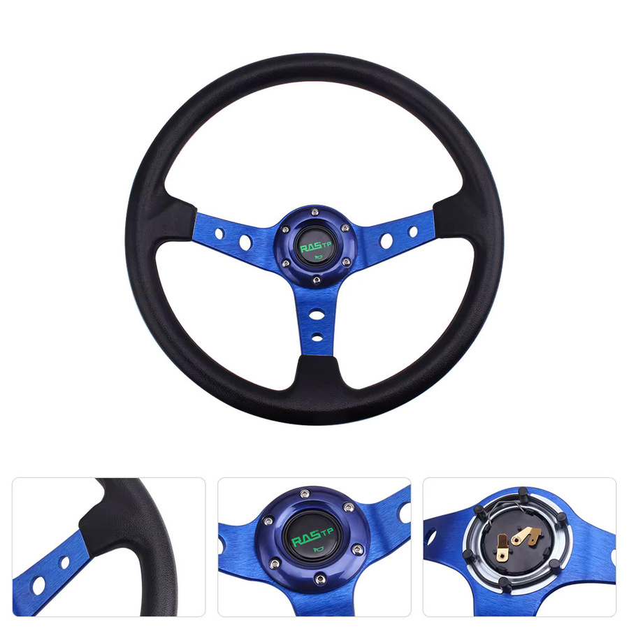 MUGE Universal Auto Racing Sport Lenkrad aus Aluminium und PU in Schwarz Blau Rot, 14 Zoll - Bild 3