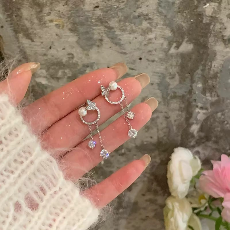ANENJERY Lange Ohrringe, Schmetterling, Perle, Zirkonia, Silber, Damen - Bild 2