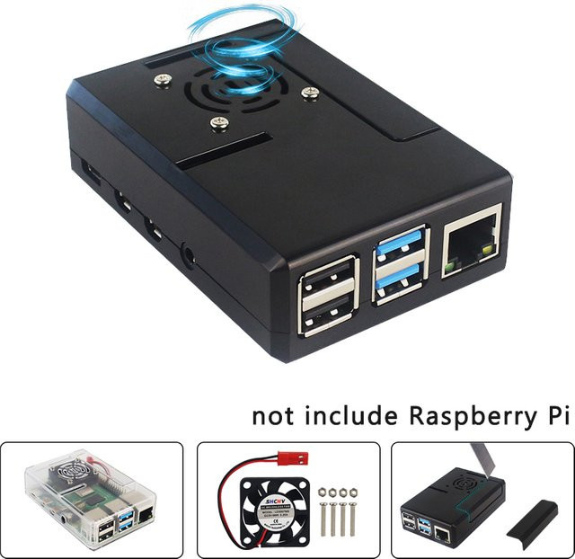 SHCHV ABS-Gehäuse für Raspberry Pi 4 Modell B in Schwarz mit transparenter Kunststoffschale und abnehmbarer GPIO-Abdeckung inklusive Lüfter - Bild 1