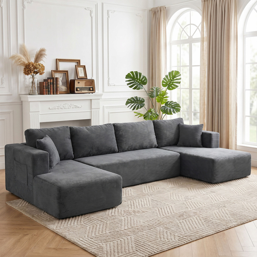 HOMCOM Modularsofa in U-Form als 4-Sitzer mit 2 Ottomane und 2-Sitzer-Sofa, kombiniertes Ecksofa in Grau mit Cordvelours-Bezug und Schlaffunktion - Bild 2