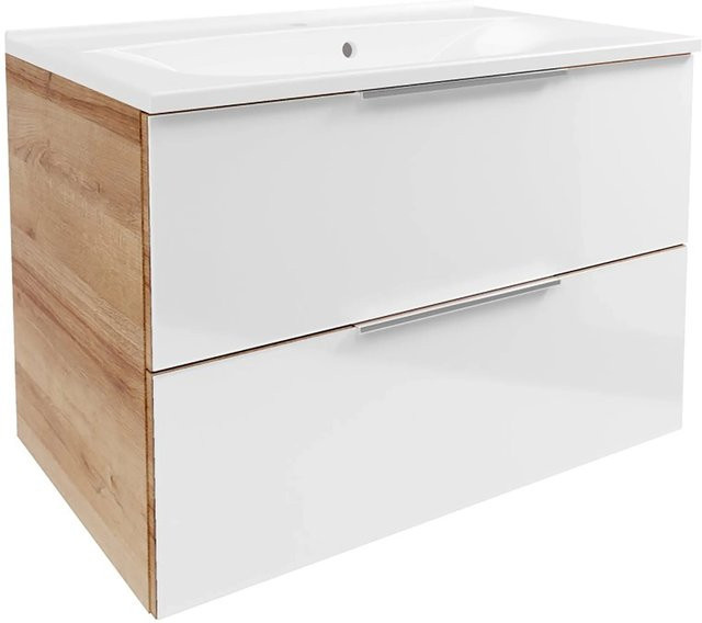 Fackelmann Badmöbel-Set B.Brillant Waschplatz in Asteiche mit weißem Gussmarmor-Waschtisch und Glaselementen, B/T/H: 80 x 54,2 x 48,9 cm - Bild 1