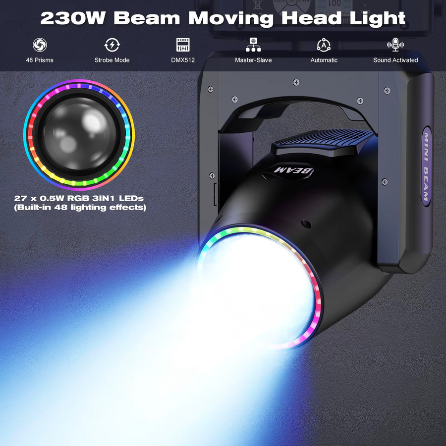 Yiflamefly 2er Set Mini Beam Moving Head Lights mit Ring, 230W LED Bühnenbeleuchtung, RGBW, 14 Gobos, 13 Farben und Regenbogeneffekt, Schwarz - Bild 3