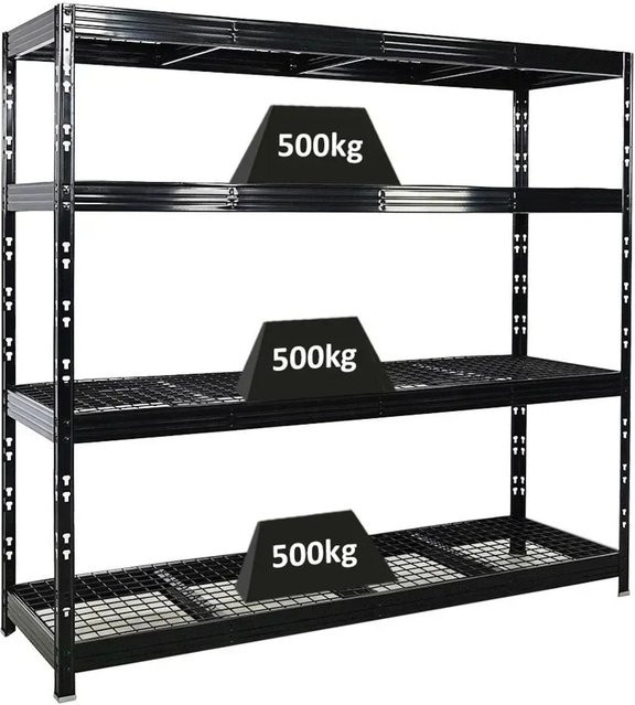 PROREGAL Rhino Profi Schwerlastregal mit 4 Gitterrost-Ebenen, Stecksystem, Schwarz, H 180 cm x B 200 cm x T 60 cm - Bild 1