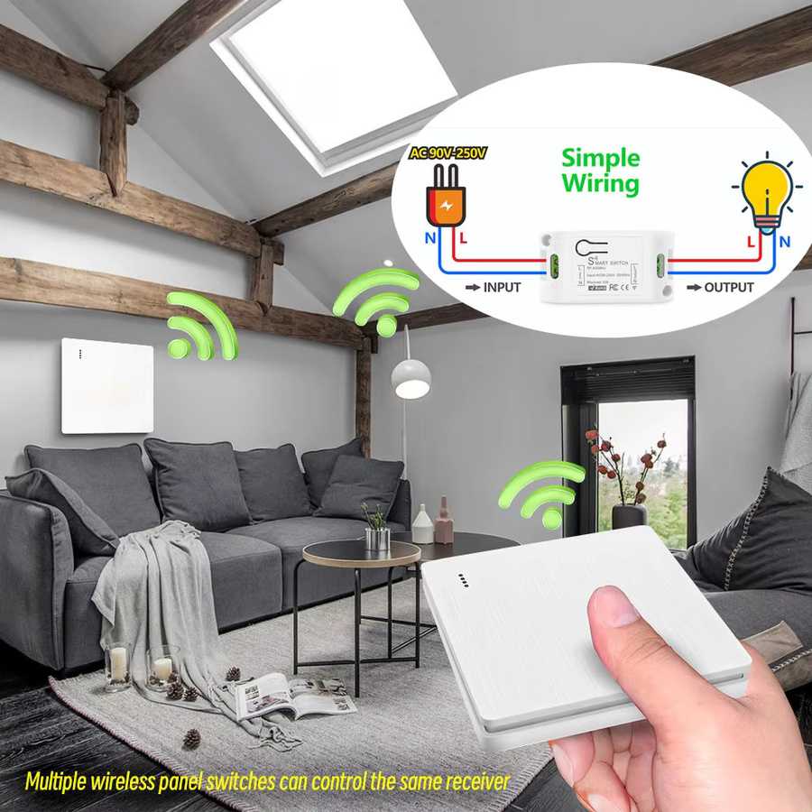 Szaoju Drahtlose Funk-Fernbedienung mit Wandpanel-Empfänger und Sender, 433MHz RF Relais-Schalter für LED und Lampen, Weiß - Bild 3