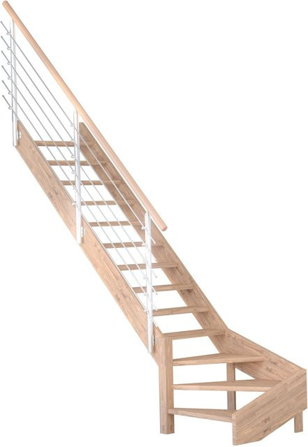 StarWood Treppe Mykonos Pro Eiche mit Holz-Edelstahl-Geländer in Weiß, Braun und Silber, Breite: 90 cm, Höhe: 280 cm, Tiefe: 13 cm - Bild 1