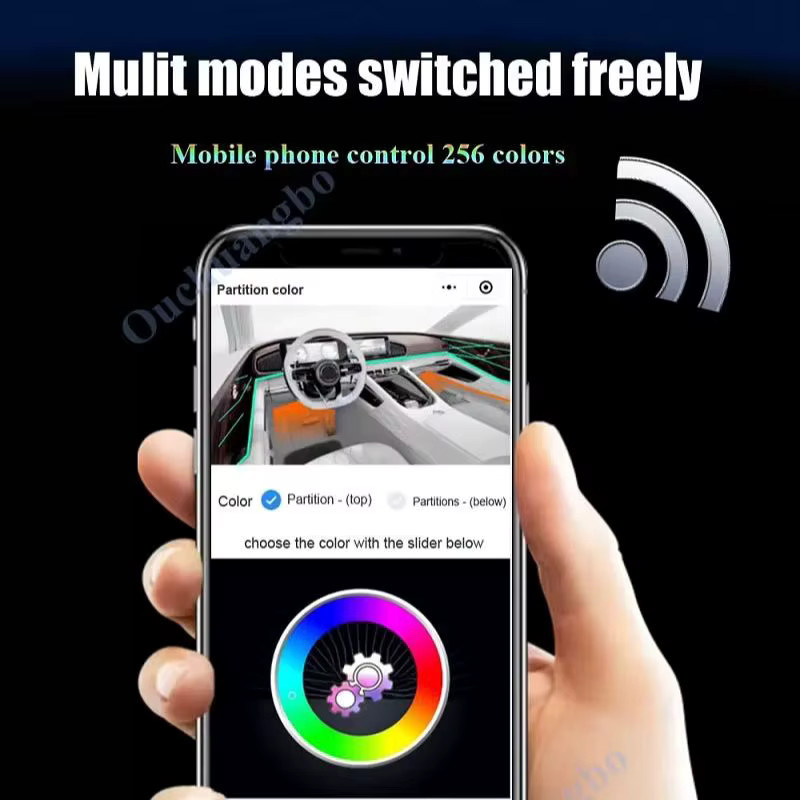 Ouchuangbo LED-Atmosphärenlampe für Audi A1 (2021–2023) mit 256 RGB-Farben, dynamischen Effekten und mobiler Fernsteuerung in Schwarz - Bild 3