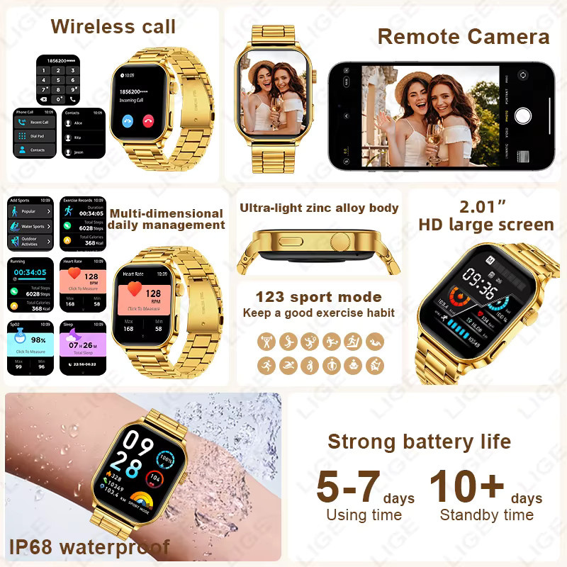 LIGE Smartwatch, Edelstahl, Schwarz, Gold, Unisex - Bild 5