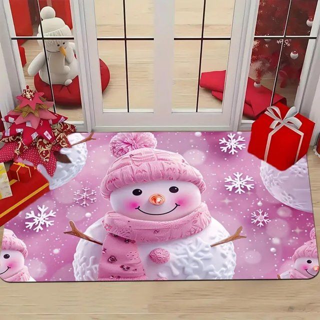 VIKAMA Weihnachtsschneemann Fußmatte in Rosa für den Eingangsbereich und die Weihnachtsdekoration - Bild 1