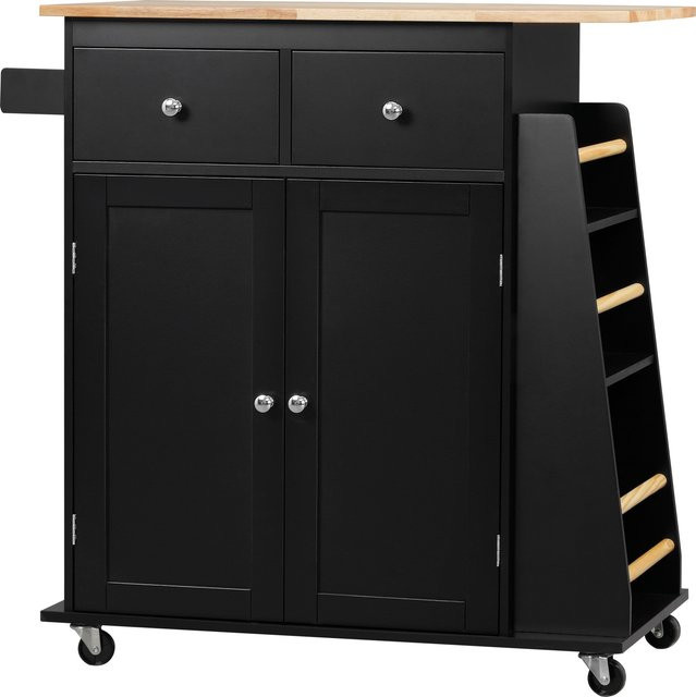 Kücheninsel HOMCOM aus MDF und Kautschukholz mit Arbeitsplatte, Regal, Flaschenregal, Geschirrtuchhalter, 2 Schubladen und Doppeltürschrank in Schwarz - Bild 1