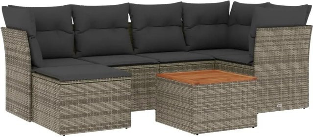 vidaXL 7-tlg Garten-Sofagarnitur in L-Form aus grauem Poly-Rattan mit Kissen und pulverbeschichtetem Stahlgestell - Bild 1