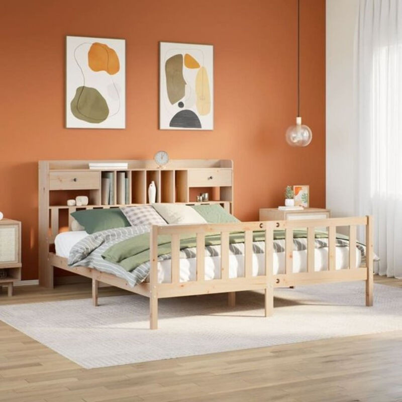 Massivholzbett Vidaxl aus Kiefernholz mit Regal in Natur und Grün im Landhaus- und Skandinavischen Stil, B/T/H: 180 x 200 x 110 cm - Bild 1
