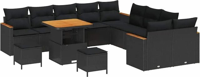 vidaXL 13-teiliges Garten-Sofaset aus schwarzem Poly Rattan und Akazie mit UV-beständigen Kissen und pulverbeschichtetem Stahlgestell - Bild 1