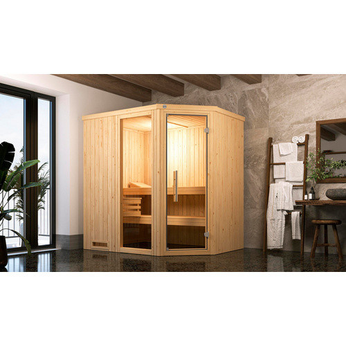 WEKA Ecksauna Varberg 1 für 6 Personen in Braun inklusive 4,5 kW Ofen mit externer Steuerung und BioS Glasfenster und Glastür - Bild 3