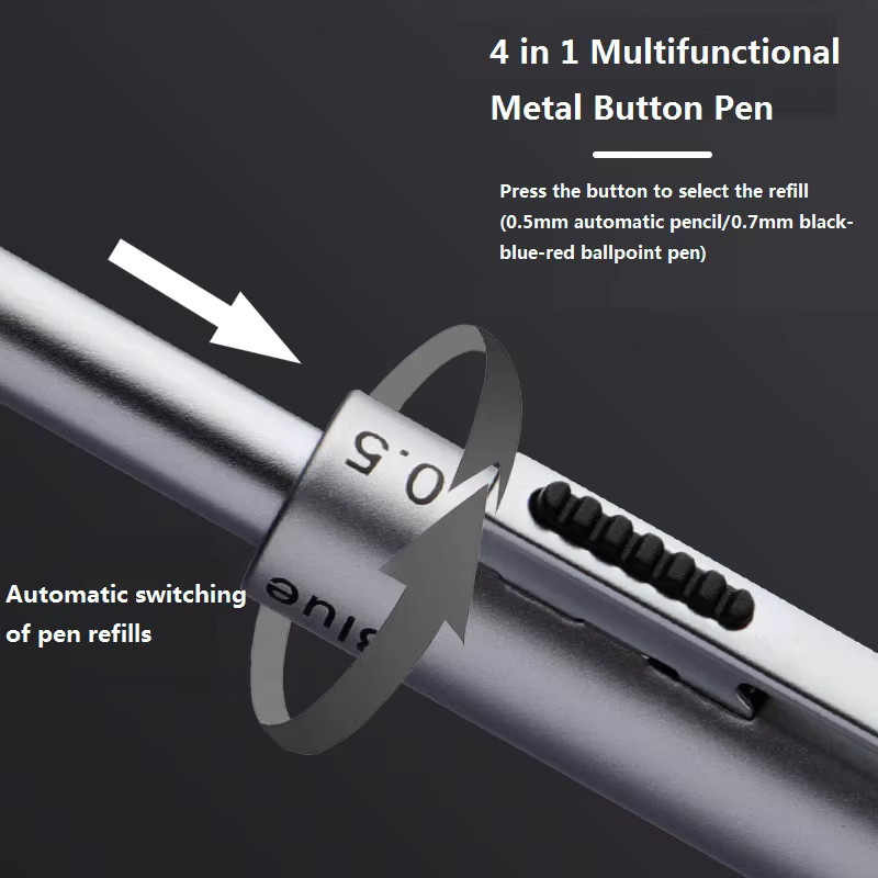 Dnostiopis 4-in-1 Multifunktions-Luxusstift aus Metall in Silber mit 3-farbigem Kugelschreiber (0,7 mm) und Druckbleistift (0,5 mm) mit Schwerkraftsensor - Bild 2