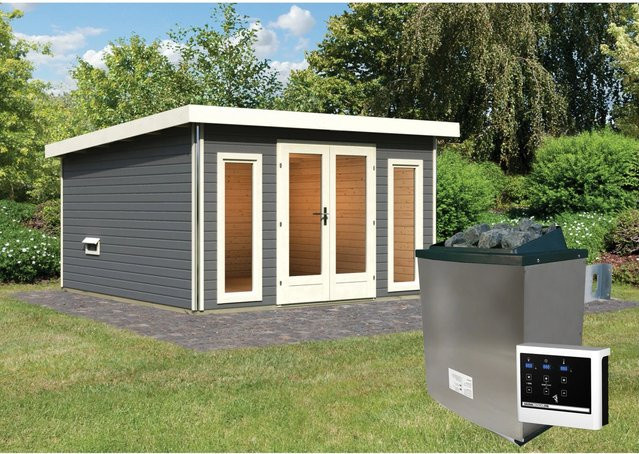 Karibu Saunahaus Magnus 3 Set B aus nordischer Fichte in Terragrau inklusive 9 kW Ofen und externer Steuerung - Bild 1