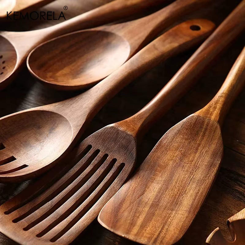 KEMORELA Kochlöffel Set aus natürlichem Thailand Teak Holz in Braun, 7-teiliges Küchenwerkzeug Set mit Schöpfkelle, Reissieb und Skimmer - Bild 2