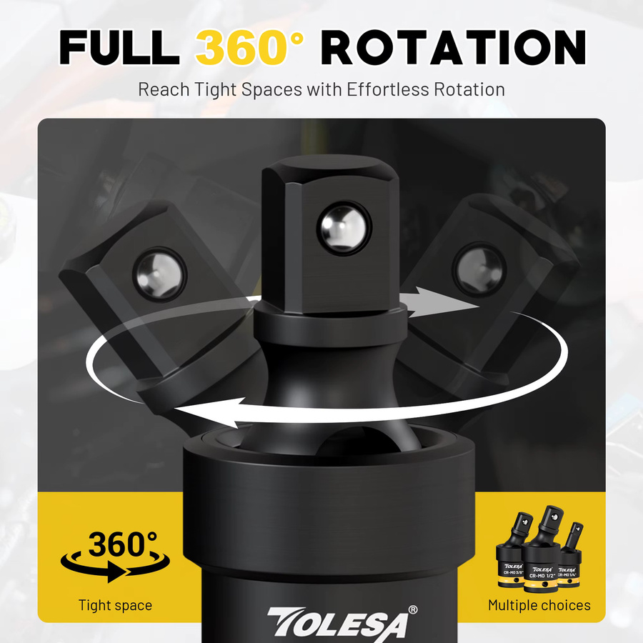 TOLESA 3-teiliges Universal-Gelenksteckschlüssel-Set aus Chrome-Molybdän in Schwarz mit 1/2 Zoll, 3/8 Zoll und 1/4 Zoll U-Gelenkadaptern - Bild 4