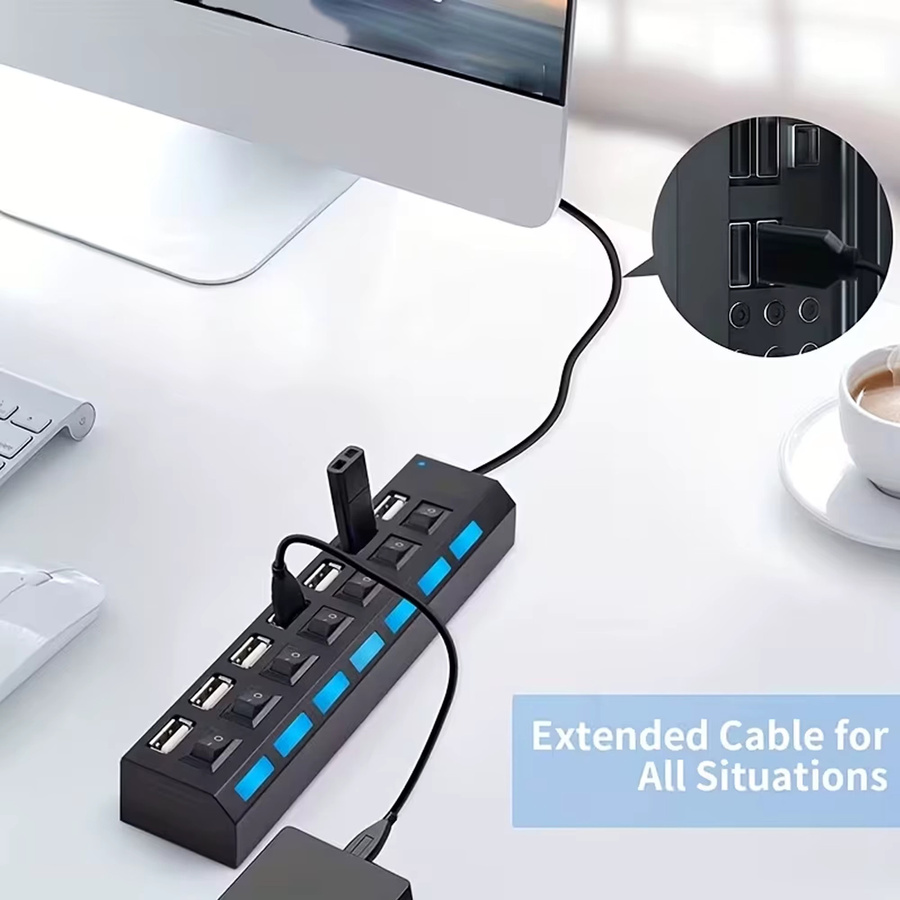7-Port USB 2.0 Hub Schwarz mit unabhängiger LED Ein/Aus Funktion als USB-Verteiler für PC, MacBook und Laptop - Bild 5