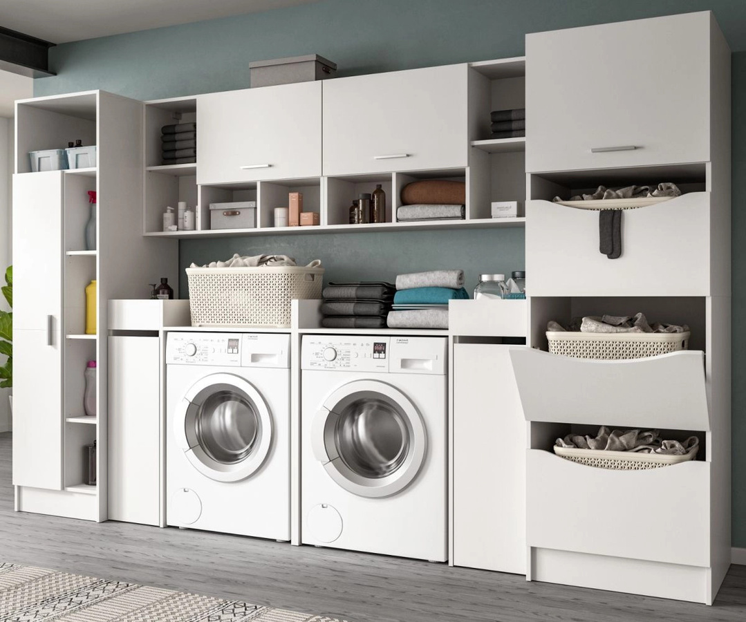 Waschmaschinenumbau Set Flexy in Weiß, modernes Badezimmer-Schrankset mit Soft-Close-Türen und Regalen, Breite: 300 cm, Höhe: 196 cm - Bild 1