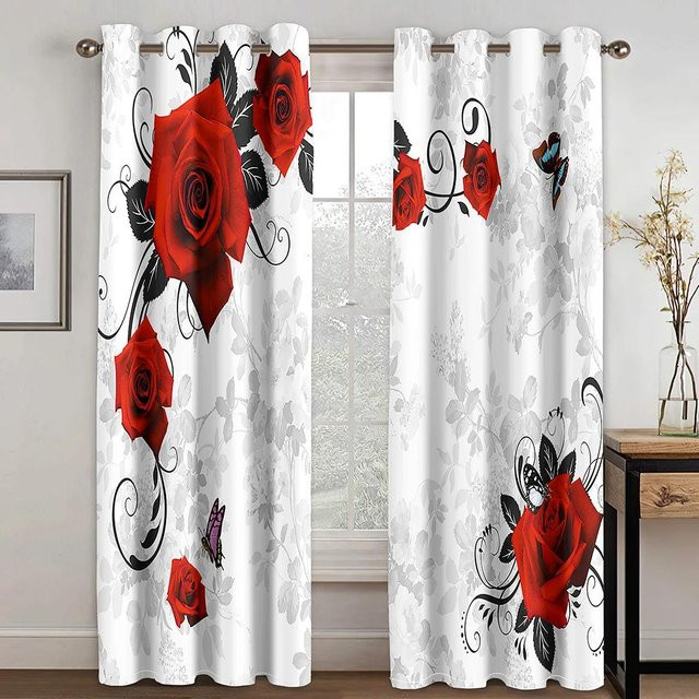 Moderne Rosen Vorhänge mit Blumenmuster in Rot und Weiß, 2er-Set aus Polyester, Breite: 60 cm, Höhe: 100 cm pro Panel - Bild 1