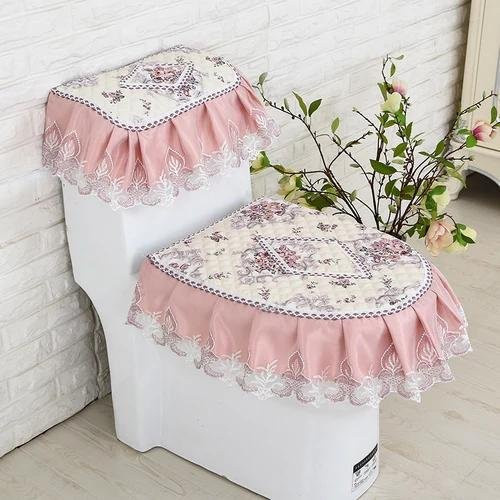 Dreiteiliges Toilettensitzkissen Set Super Six in Pink mit floralem Spitzengewebe und Shabby Chic Design - Bild 1