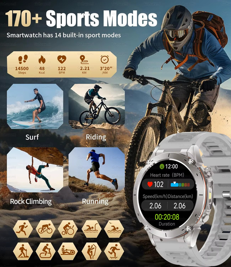 GUHUAVMI Y-101 GPS-Sport-Smartwatch in Silber und Orange mit Dualband-GNSS-Kompass, Höhenmesser und 10 ATM Wasserdichtigkeit in Militärqualität - Bild 4